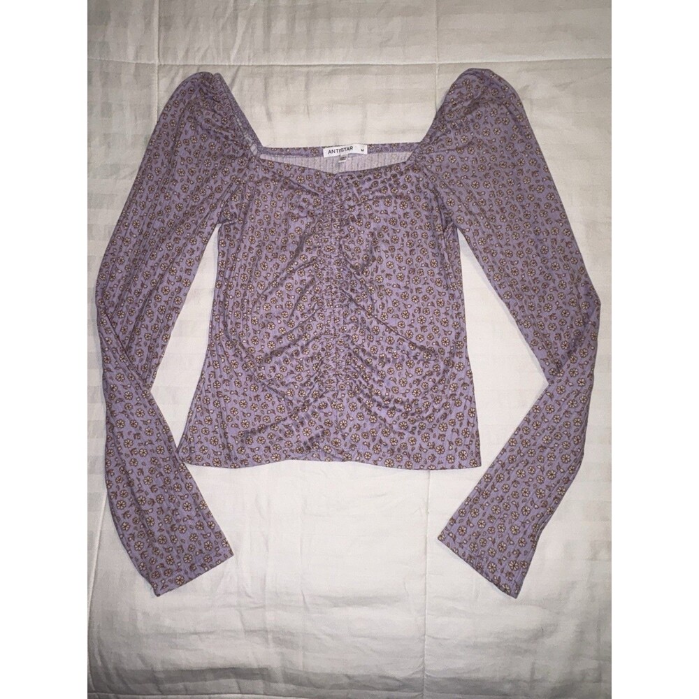 Antistar Lavender Floral Ruched Long Sleeve Cropped Top Womens Sz Medium